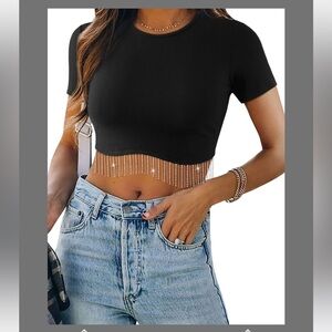 Black Ribbed Crop Top with Beaded Fringe